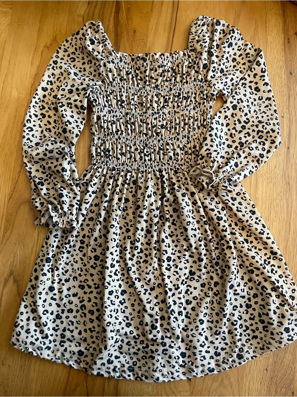 btween Beige and Black Leopard Smock Dress with Puff Sleeves